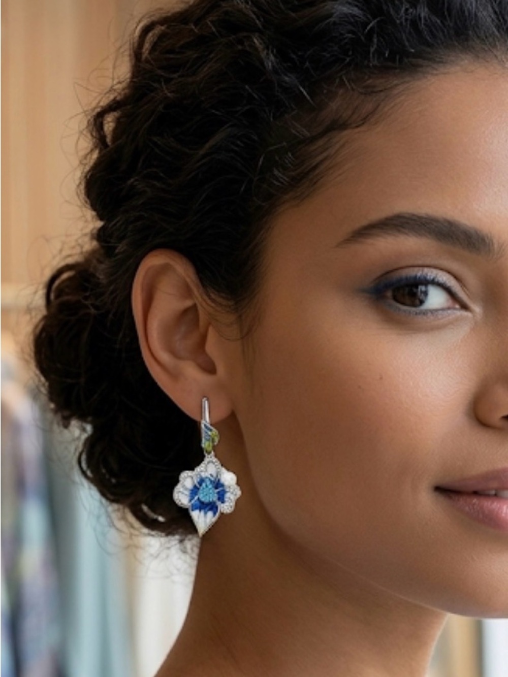 S925 Sterling Silver Blue Enamel Flower Drop Earrings CZ Topaz Artisan Floral